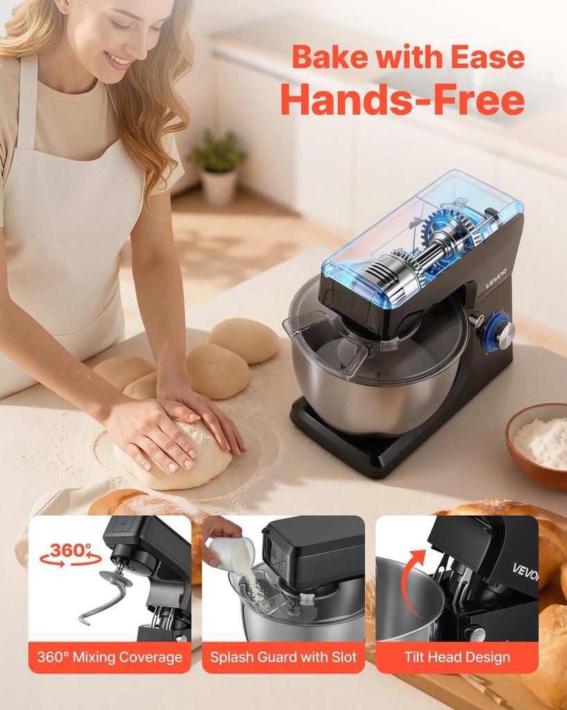Stand Mixer, 7.8 L Electric Kitchen Mixer, 1500W Dough-Mixer, 6+P Speeds Tilt-head Food-Mixer with 1.5 L Blender Cup, Stainless Steel Bowl, Dough