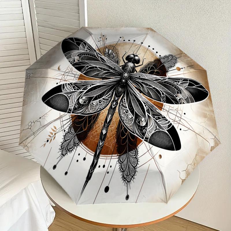 1 szt. Parasol z motywem ważki, automatycznie otwierany/zamykany, wiatroodporny, 8-żebrowy, wytrzymały czasza, trwałe żebra, modny design, akcesorium zewnętrzne, zabawny nadruk