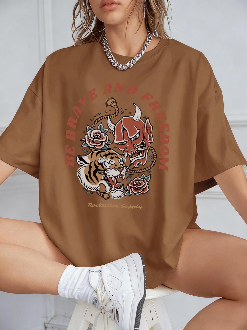 

Be Brave And Free Print TShirts Womens Summer Cotton Short Sleeve Tops Loose ONeck Comfortable T Shirt Casual Woman Clothes S