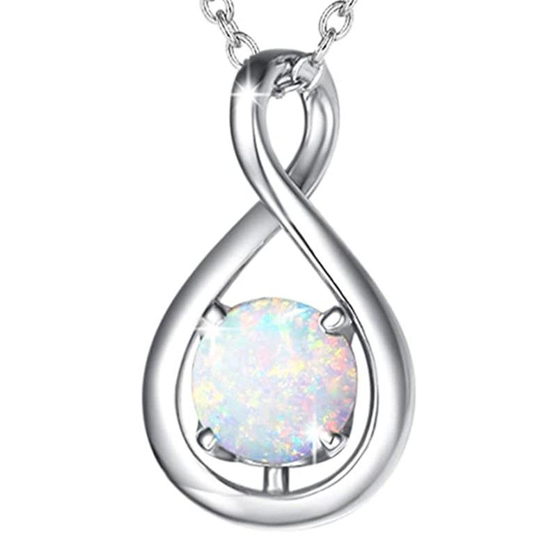 Infinity Teardrop Frame Round Iridescent Stone Prong Set Pendant Women Clavicle Necklace