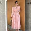 Spring Holiday Crochet Lace Embroidery Hollow Out Floral Print Party Dress Women's Long Sleeve Pearl Buttons Up Belt Clothing