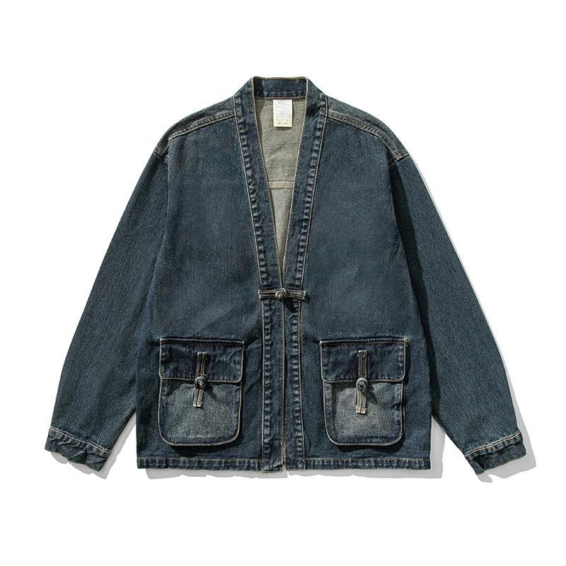 Plus Size Retro Denim Frog Button Jacket - Chinese Autumn/Winter Style