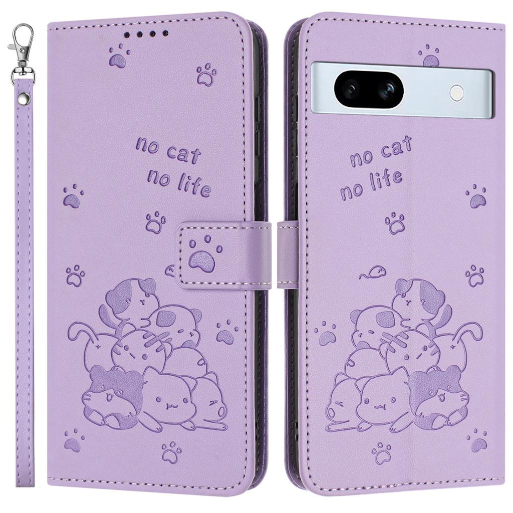 For Google Pixel 7a Case with Strap Cats Imprint Leather Wallet Phone Cover