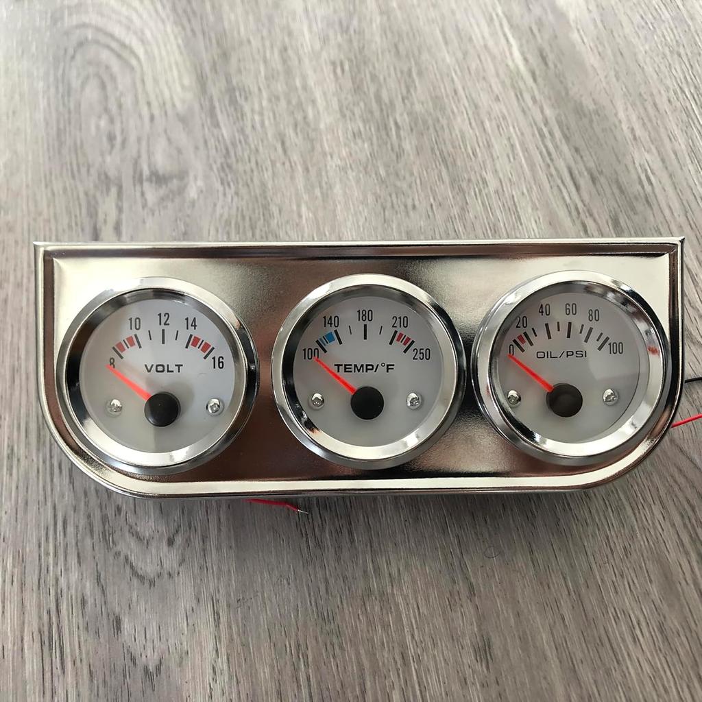 Chrome 3 in1 Triple Auto Gauge Meter Kit 52mm (8-16V Volt Meter +100-250℉ Water Temperature Gauge+ 0-100 psi Oil Pressure Meter) with Console for