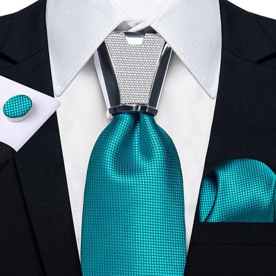 Herren-Krawatten, Seide, Blaugrün, Soild-Krawatte, silberne Schnalle, für Herren, formelles Krawatten-Set, Einstecktuch, Herren-Geschenk