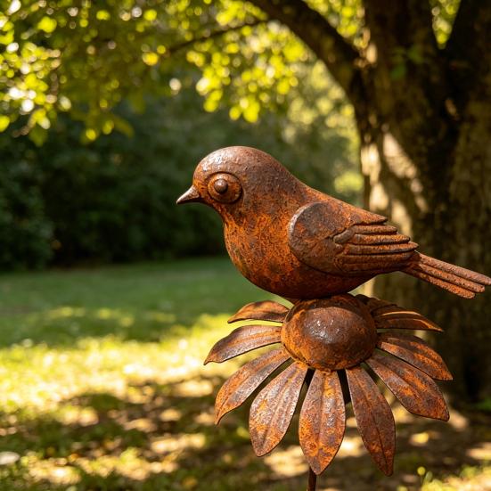 Rostige Gartendekorationsstäbe, Metallblumen Vogel Dekoration, Rostiger Metall Gänseblümchen Vogelstab, Pflanzgefäß Dekorationen für Innen Außen Hinterhof
