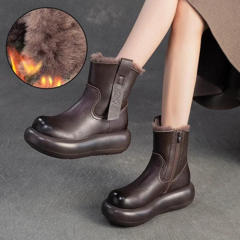 Johnature Retro Warm Side Zipper Thick Soled Women's Short Boots Genuine Leather Wool Snow Boots
