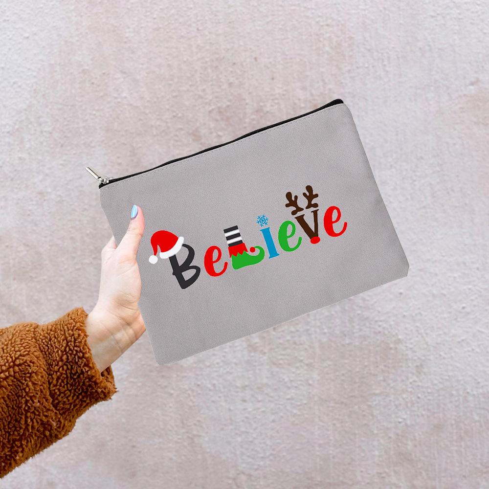 

Рождественская шапка Believe Print Косметички на молнии для рождественской вечеринки Косметичка для хранения дамский повседневный дорожный органайзер