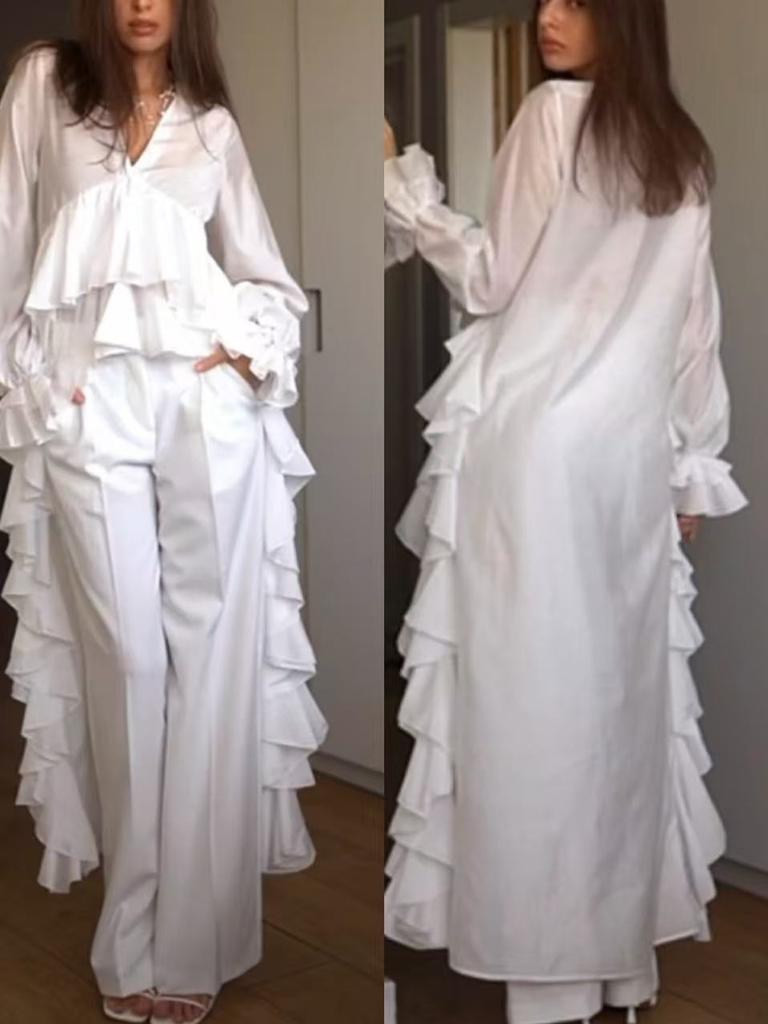 Women's Spring Summer New Sweet Fresh V-Neck Long Sleeve Irregular Hem Shirt Lady Top