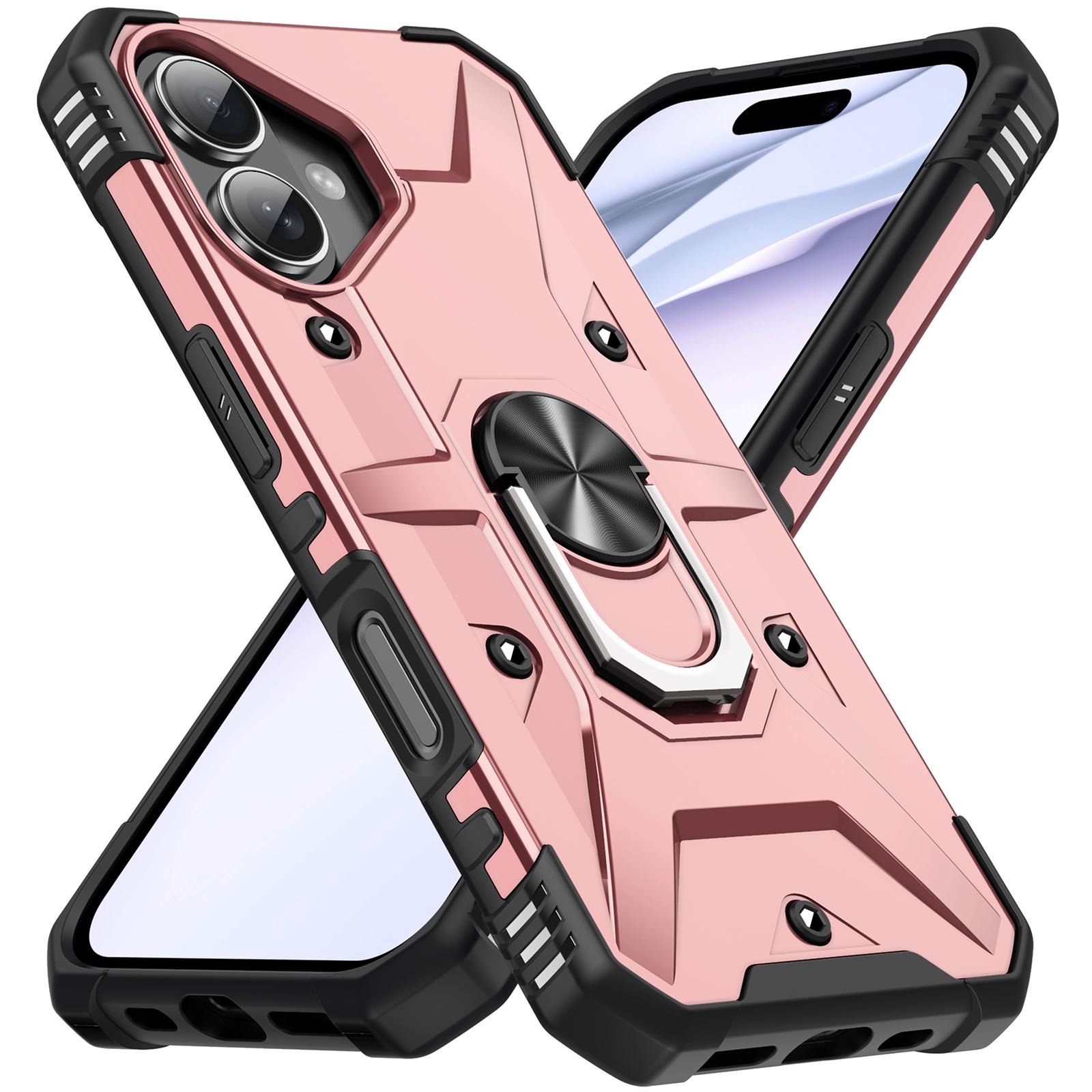 

For iPhone 16 Case PC+ TPU Anti-Drop Phone Cover with Ring Kickstand Rose Gold