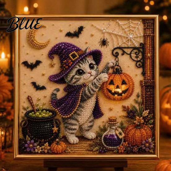 DIY Cat Craft for Adults Halloween Faux Pearl Painting Art Kit Spooky 3D Beads Moonlight Theme Crafts Cute Witch Gem Wall Adults Lovers Beginner
