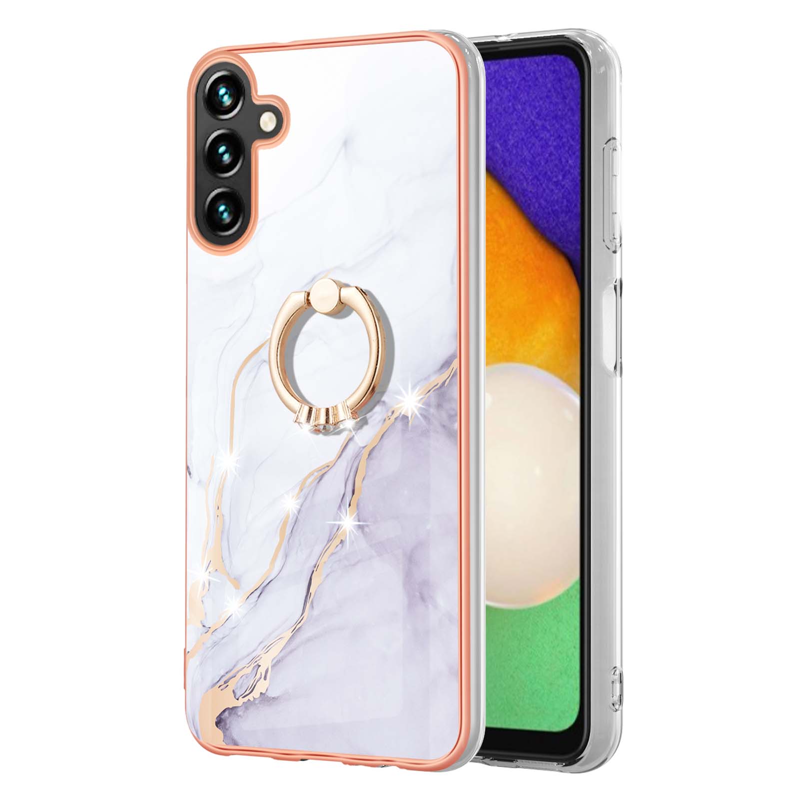 

For Samsung Galaxy A35 5G Case with Ring Kickstand Marble Pattern Electroplating TPU Back Cover White 006