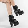 Fashion Gothic Vintage Chunky Heel Thick Bottom Short Boots Women Lace Chain 13CM High Heels Punk Ankle Boots for Women Botas Mujer