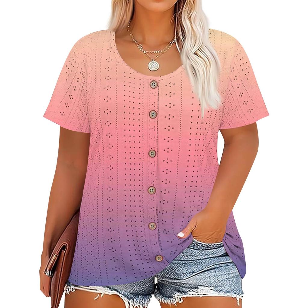 Plus Size Women's Fashion Casual Vintage Printed O-Neck Short Sleeve Button T-Shirt Top