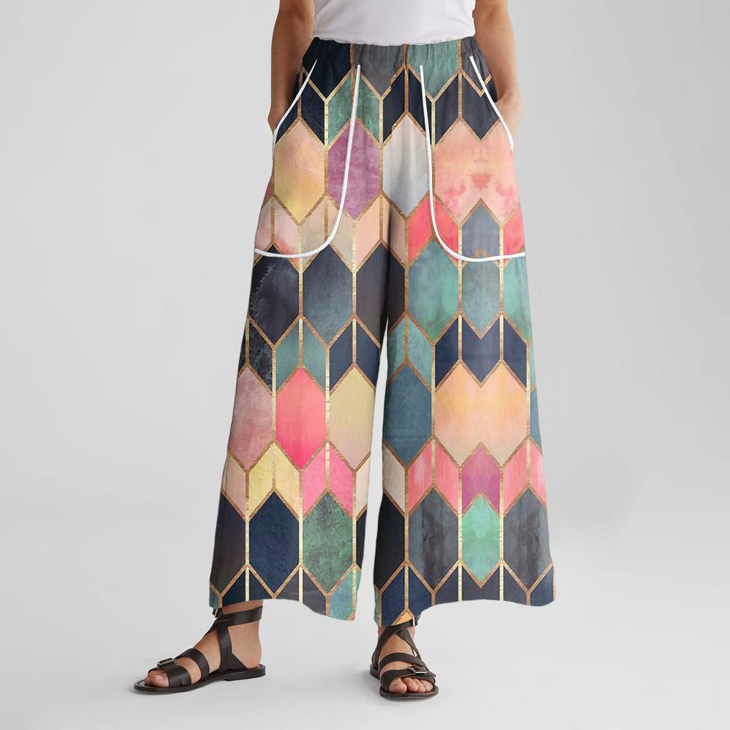 Women's Wide Leg Pants With Elastic Waistband, Retro Printed Large Pockets, Patchwork Loose Pants