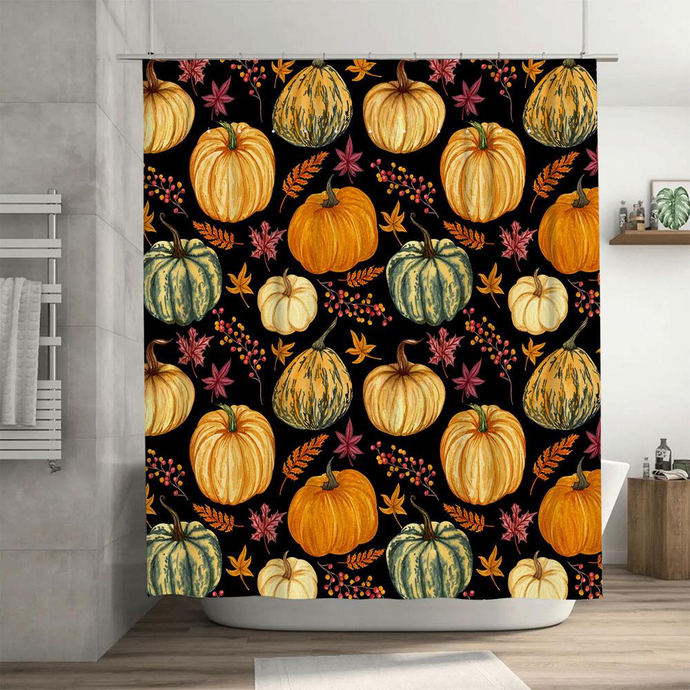 Fall Floral Printed Shower Curtain Set Autumn Pumpkin Decor for Bathroom Black, Yellow, Green Color Combination