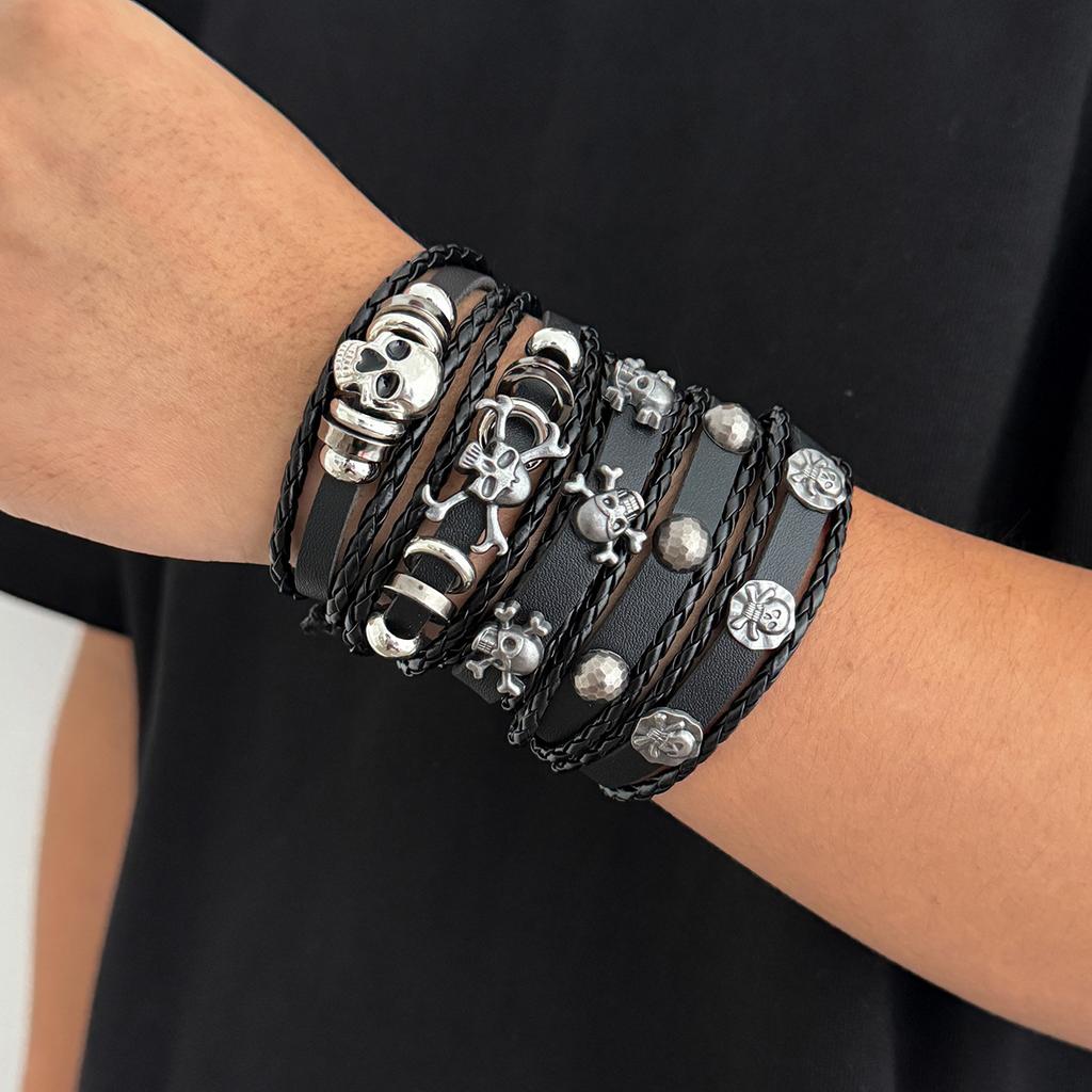 PU Skull Bracelet Set Fashionable Personality Halloween Punk Style Exaggerated Bracelet Men's Jewelry