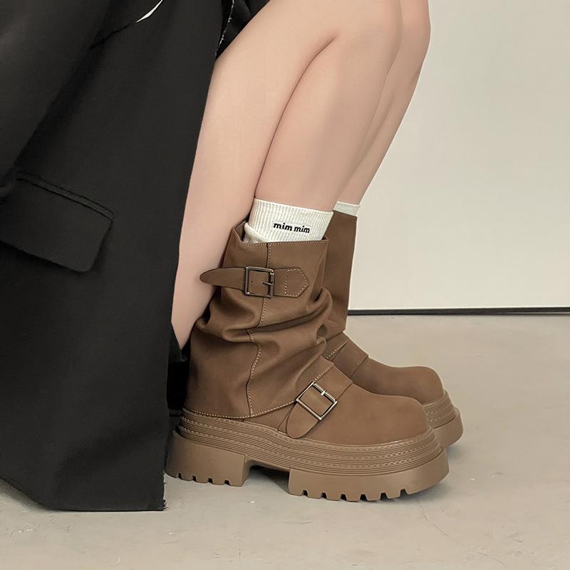 Vintage British style belt buckle thick-soled Martin boots women's 2025 autumn and winter new thin pile short boots fashion boots