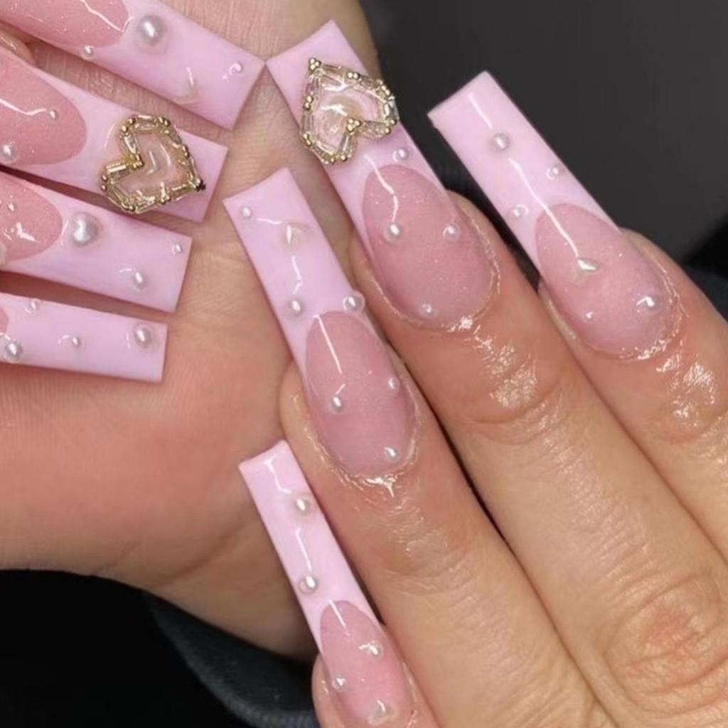 24 Stuks Lange Vierkante Press-On Nagels Frans Blauw Glitter Bloemen Design Plak Op Kunstnagels Voor Vrouwen Draagbare Manicure Tips