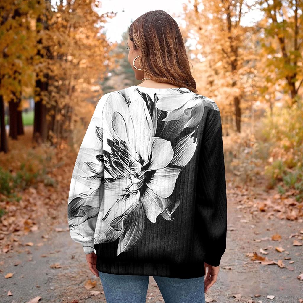 Women's Winter Color-Block Printed Lightweight Brushed-Cotton Round Neck Top