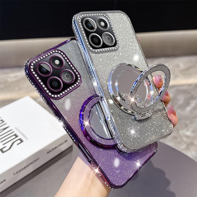 KEYSION Glitter Jewelled Magnetic Phone Case for HONOR X7c X8b X8A Makeup Mirror Stand Shockproof Cover for Honor 200 Smart 5G