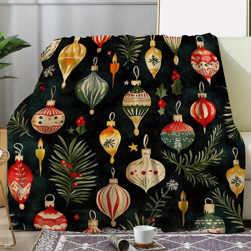 1pc Cozy Christmas Tree & Ornament Print Blanket - Warm, Soft Flannel Nap Cover with Festive Red & Green Design, Perfect for Sof