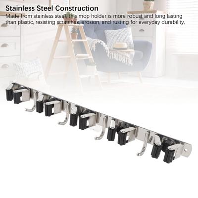 Soporte para Mopa y Escoba de Pared Acero Inoxidable 304 5 Ranuras 4 Ganchos Colgador de Escobas para Garaje Lavadero Armario Pared