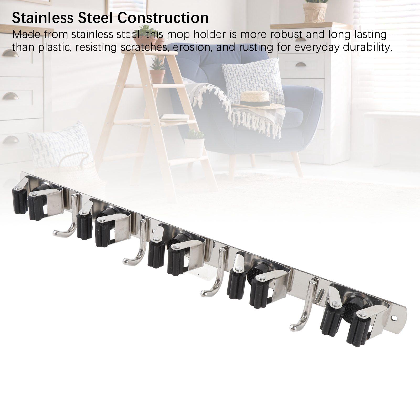 

Настенный держатель для швабры и метлы из нержавеющей стали 304, 5 слотов, 4 крючка, вешалка для метлы для гаража, прачечной, кладовой, стены