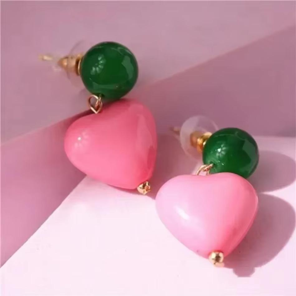 Candy Color Heart Necklace Fashion Girl's Vintage Sweet Pink Heart Pendant Earrings Freshwater Pearl Contrast Earring Design