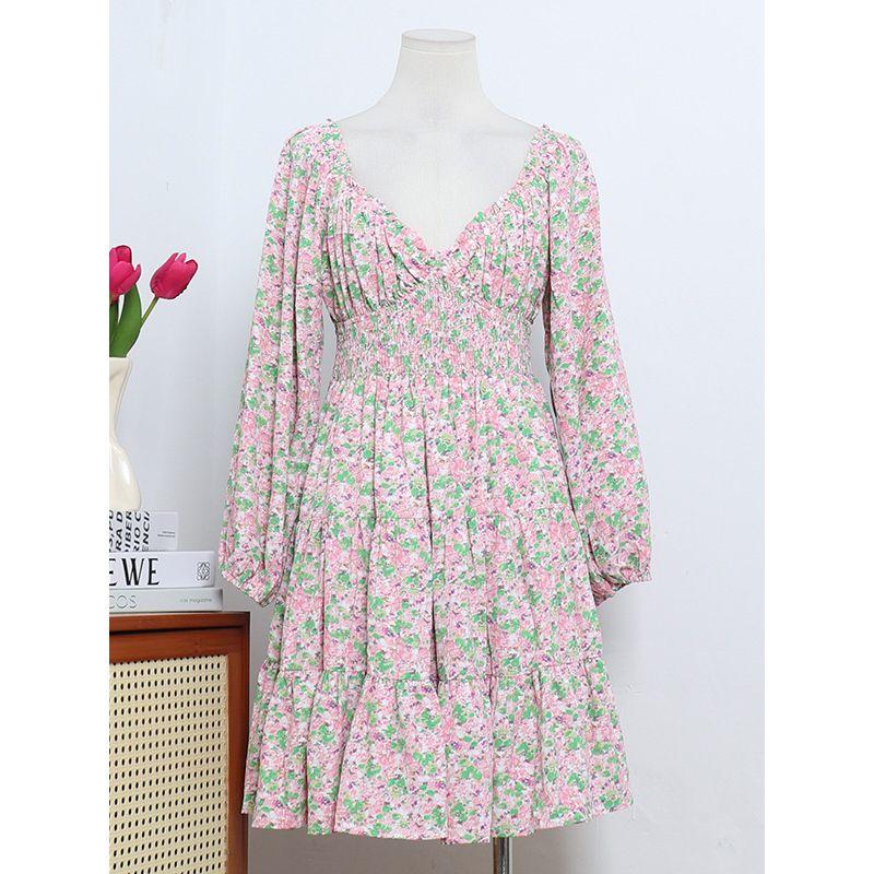 European and American Single Niche Design French Retro Oil Painting Floral V Neck Backless High Waist Slim Looking Silm Dress Female