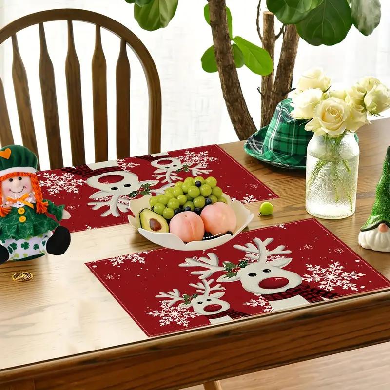 4-Piece Set, White Reindeer Snowflake Christmas Placemats and Red Christmas Tree Patterned Table Mats for Indoor Use