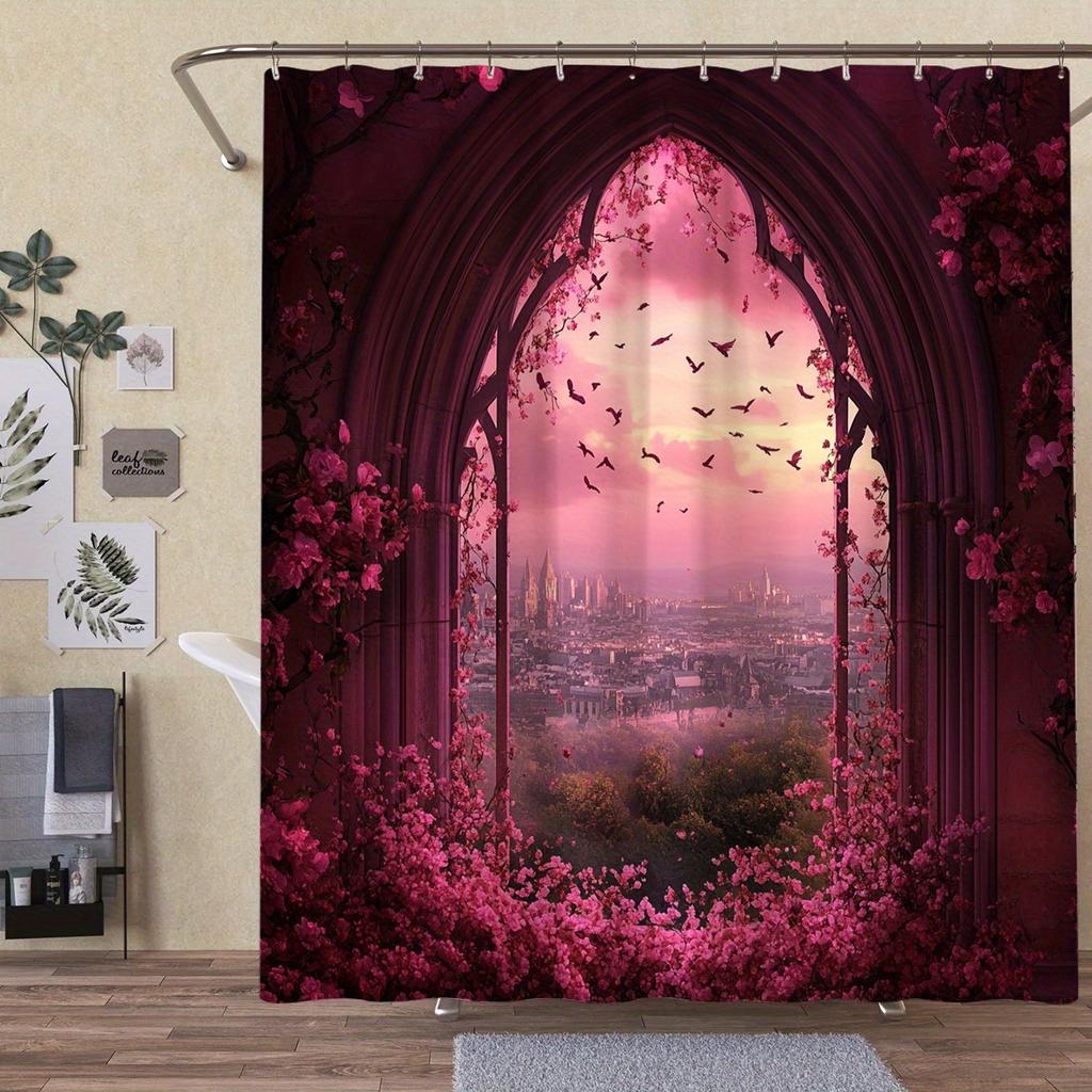 1 Piece Romantic Gothic Window Shower Curtain - Vivid Pink Flower and Bird Pattern, Polyester, Easy Hanging Hook, Bathroom Decor