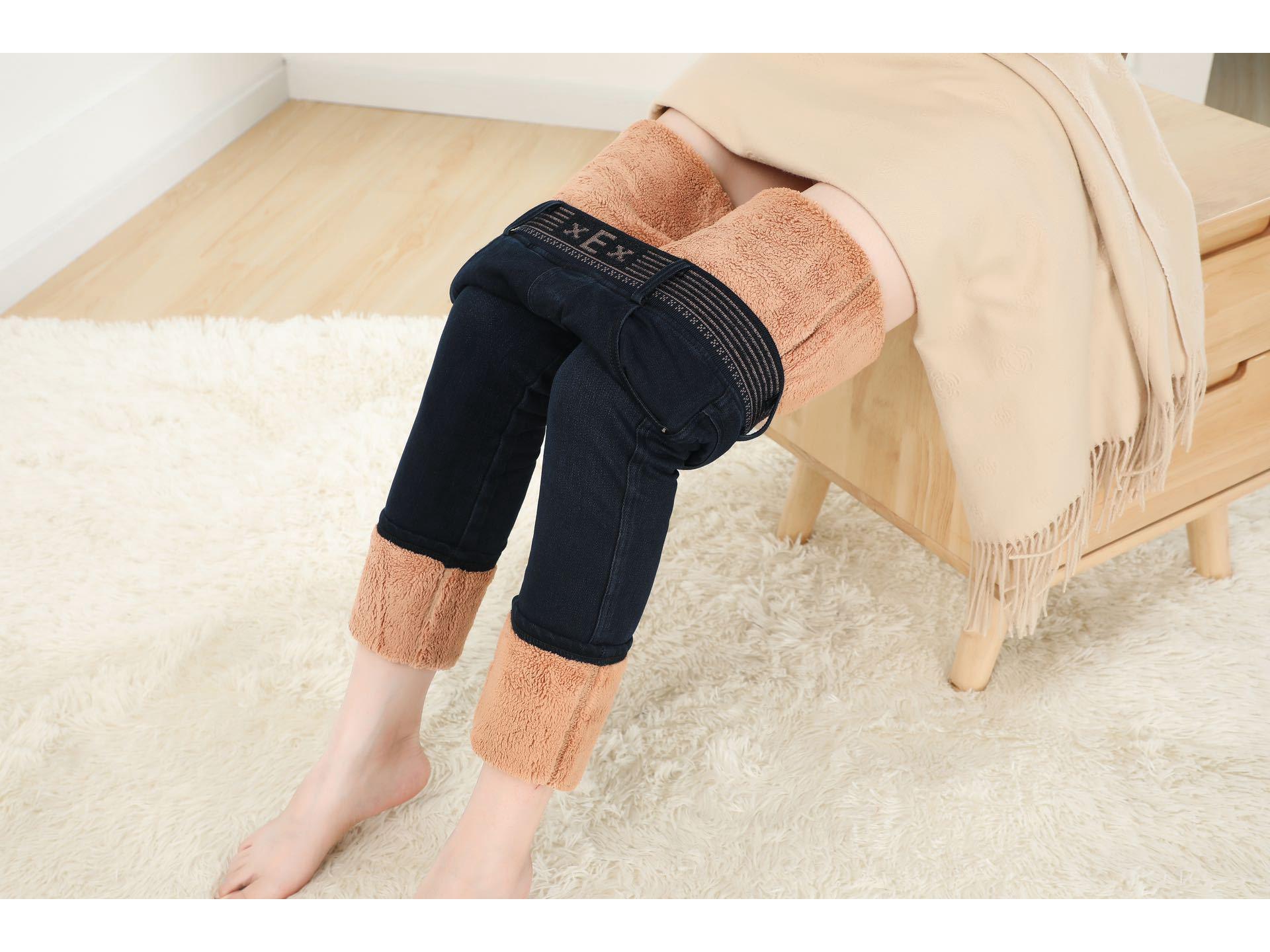 

Women s Winter Elastic Waist Knit Denim Fleece-Lined Slimming Pants 4XL темно-синий
