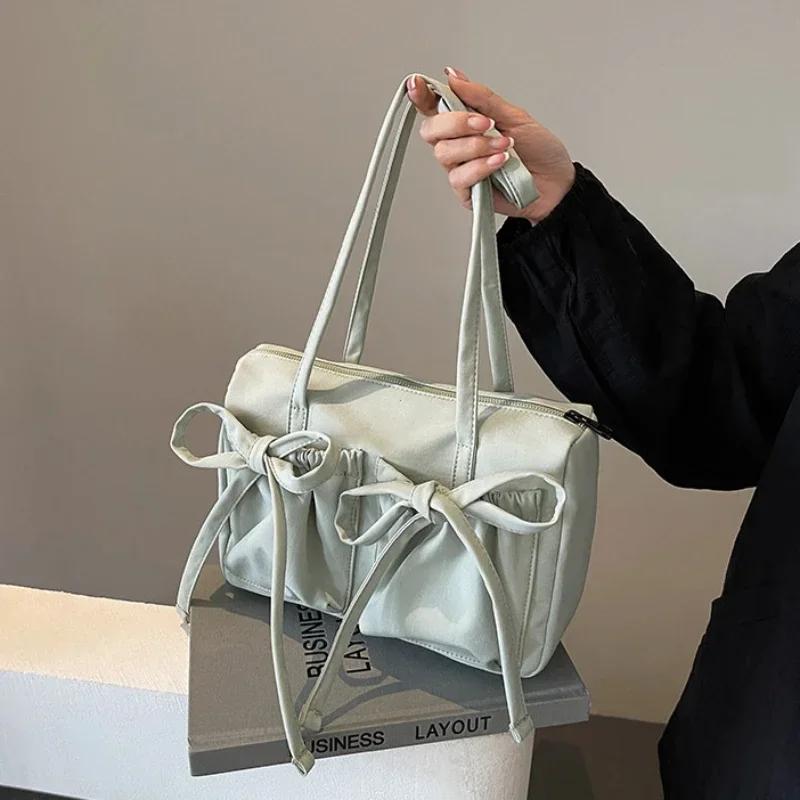 2025 New Korean Bow Nylon Shoulder Bag Folded Large Capacity Commuter Women's Handbag Fashionable and Sweet Design Tote Bag