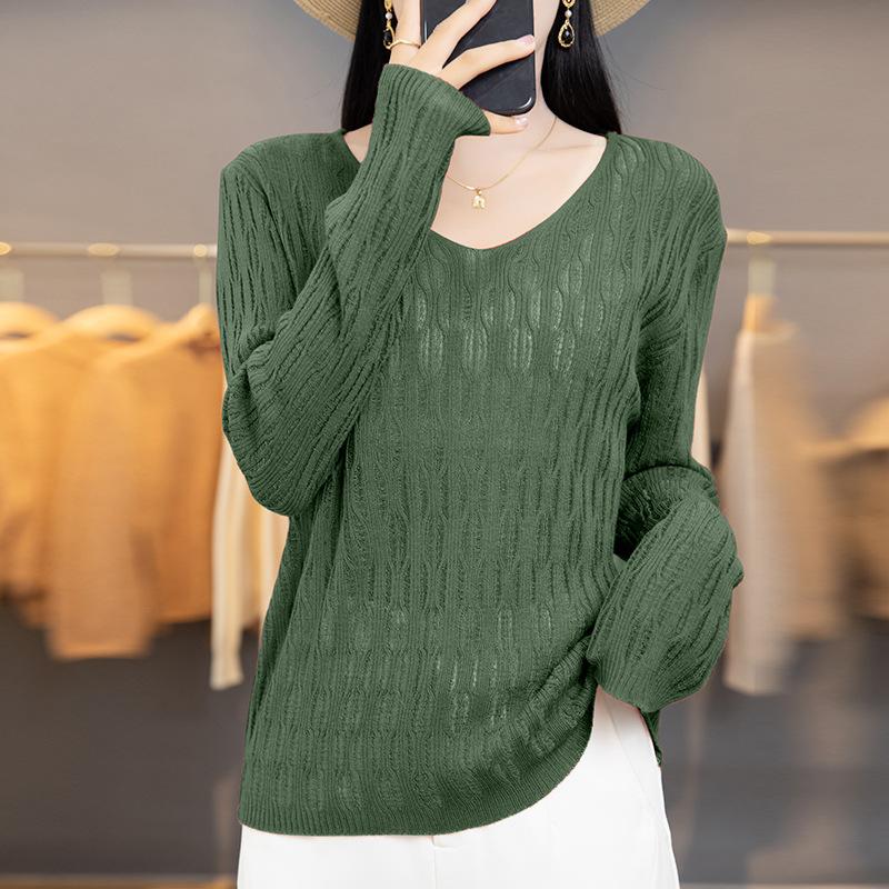 Autumn Thin Women's Fine Imitation V-neck Knitted Sweater Women's Long-sleeved Hollow Bottoming Shirt Women's Batch