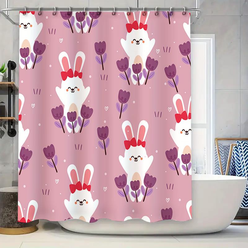 

Pink Easter Bunny Rabbit Print Flower Shower Curtain For Bathroom Decor Pink Purple Red White Love Heart Gift Diy Home Decoratio W60H190(CM)-1 Pcs