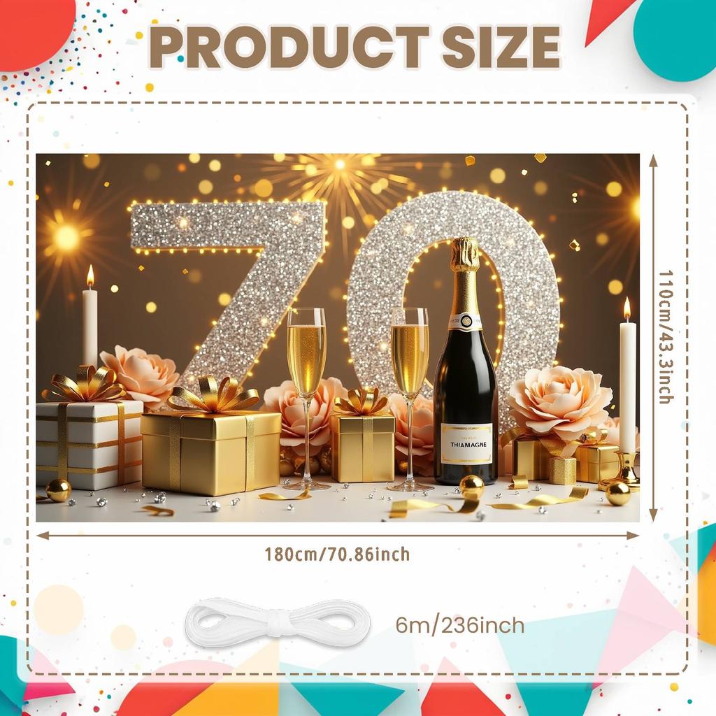 70th Birthday Banner Happy Birthday Display Golden Glitter Firework Pattern Birthday Backdrop for 70th Indoor Party Decoration