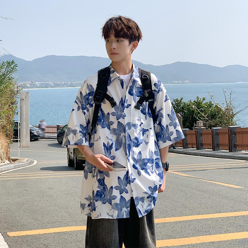 Summer floral short sleeved shirt for men, loose casual beach vacation, couple's shirt
