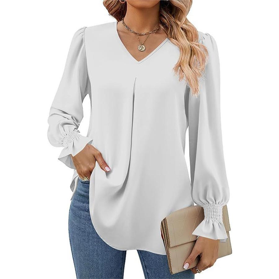 Women's Fall New Arrivals Solid Sheer Chiffon Shirt V-Neck Sleeveless Bell Sleeve Long Sleeve Top Blouse