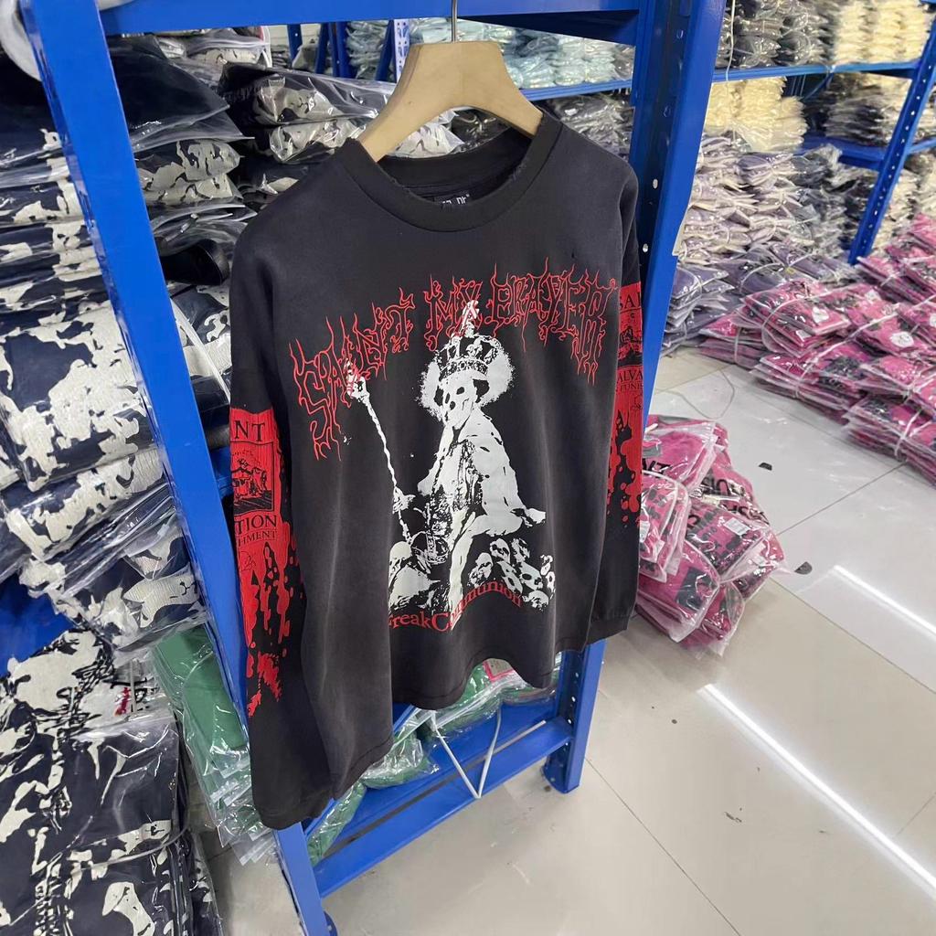 Skull Throne Printed Retro Washed Bottom Shirt Loose Long Sleeve T-Shirt Trendy Men And Women