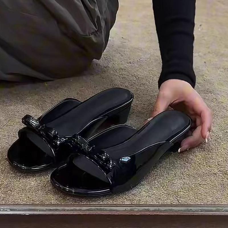 Fashion New Women's Summer Patent Leather Butterfly-knot Slippers Street Style Square Toe Dress Shoes Outdoor Ladies Thick Heel Slides