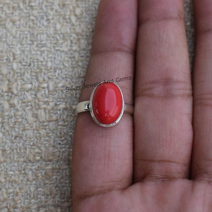 Handmade Oval Red Coral Ring, 925 Sterling Silver April Birthstone Ring