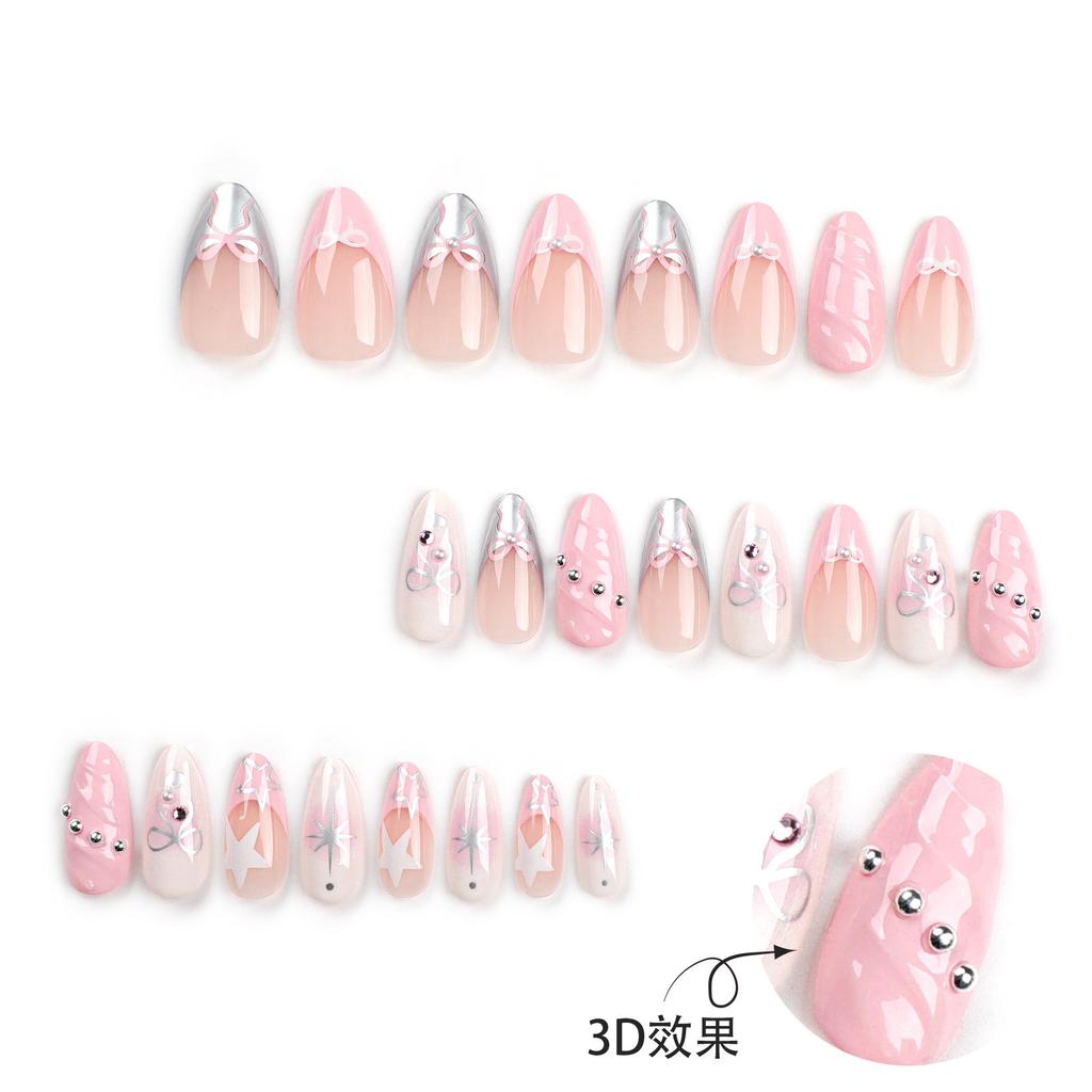24 Pieces European and American French Wearing Nail Pads 3D Pink Fake Nail Art Patches Removable 24 Nail Pads
