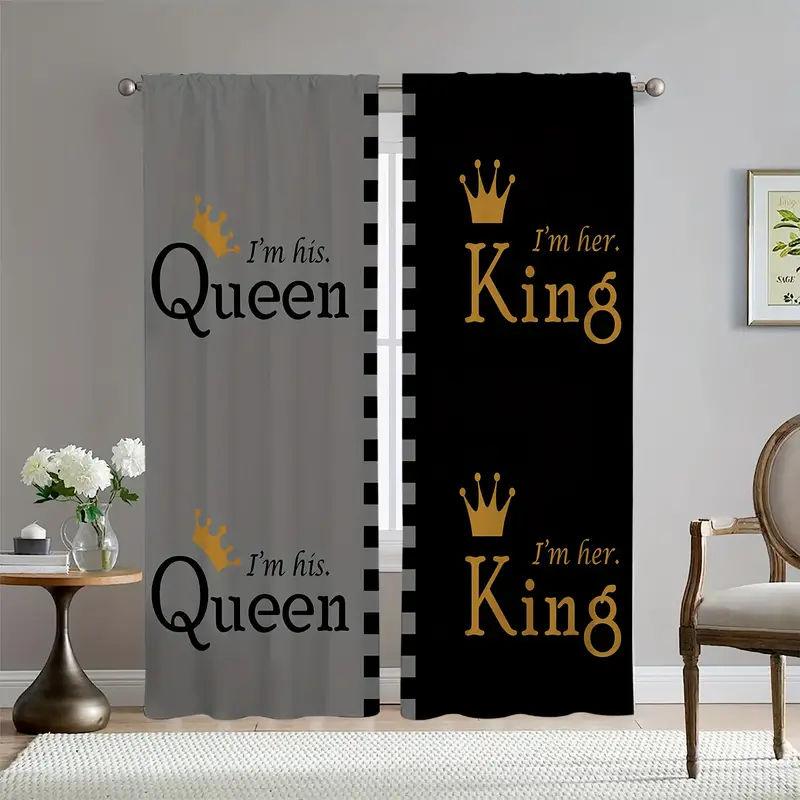 Simple King and Queen Crown Print Window Curtains, Black and White Color, Creative, Bedroom, Living Room, Kitchen