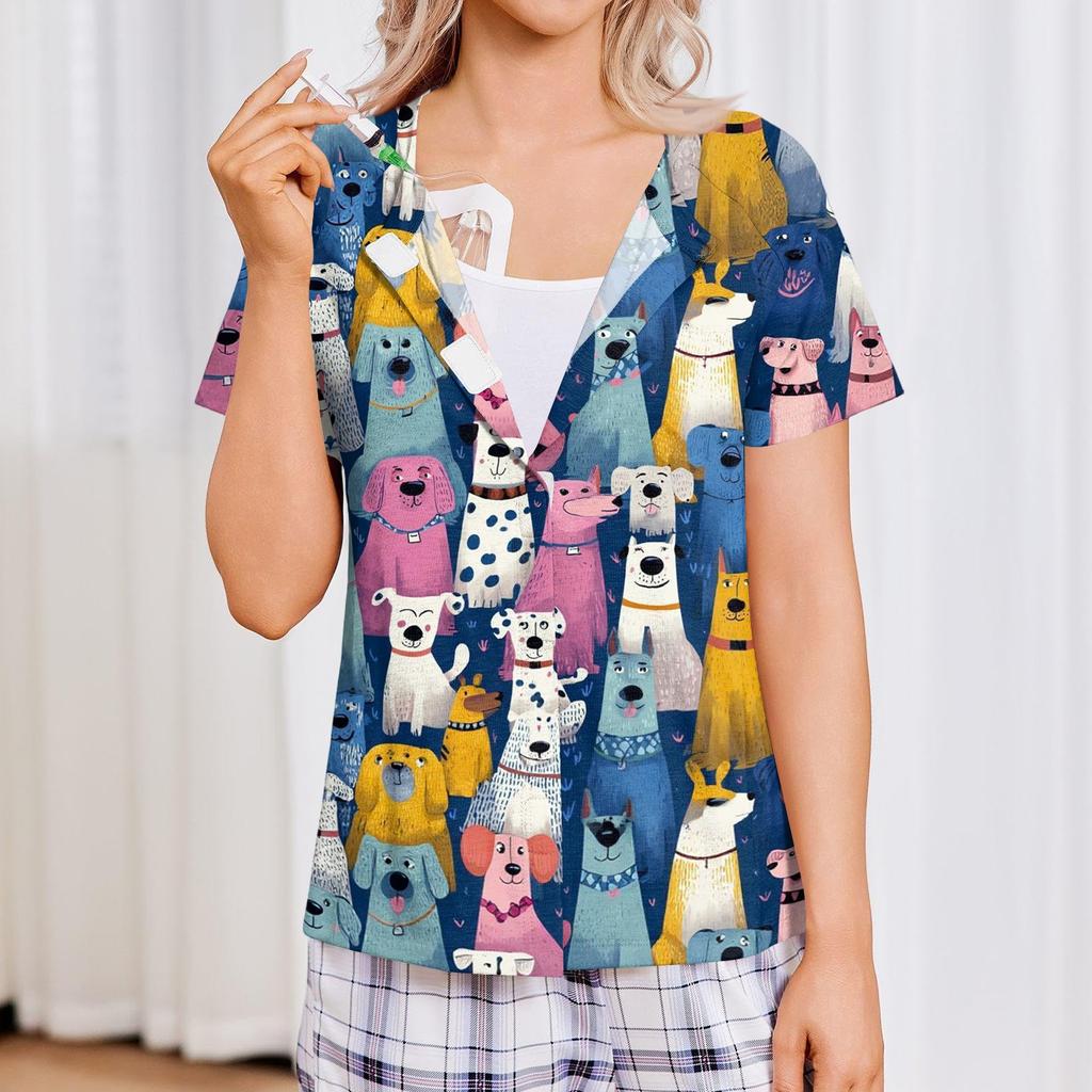 Women Post Surgery Shirt Striped Print Button Down Short Sleeve Four Pocket Top Lightweight Comfortable Fit Casual Wear