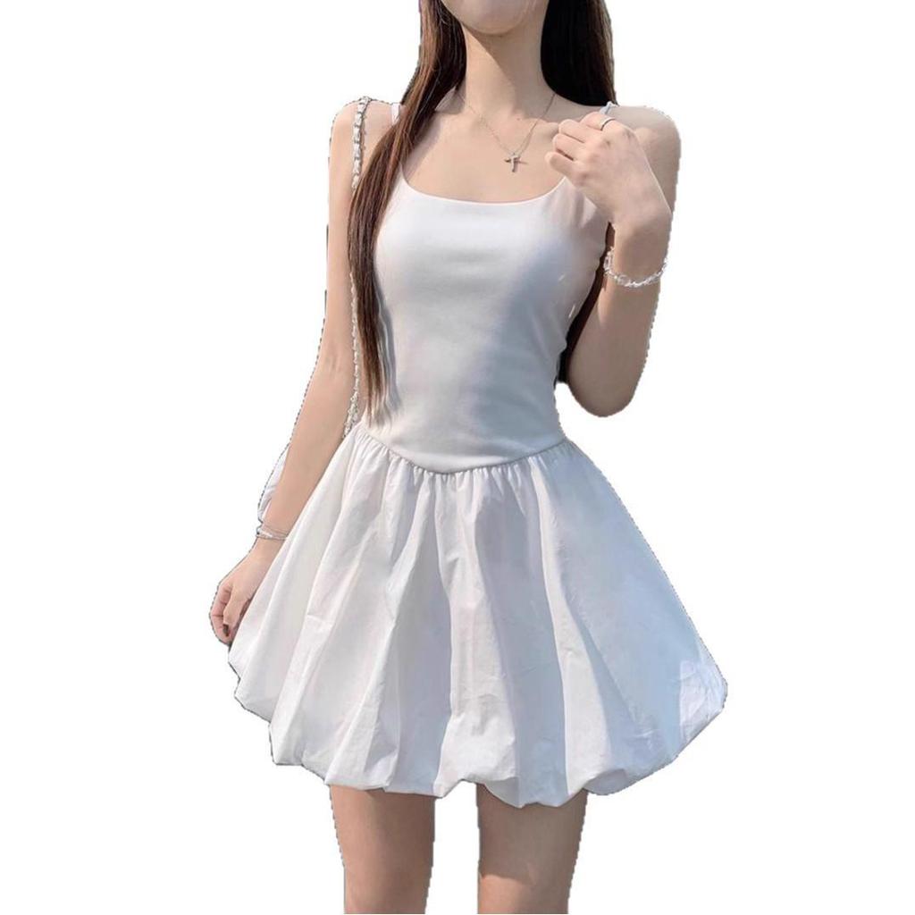 Women's Ballet-Style White Camisole Dress, Summer 2025, Waist-Cinching, Slimming Design, Bud Skirt, Short-Length.