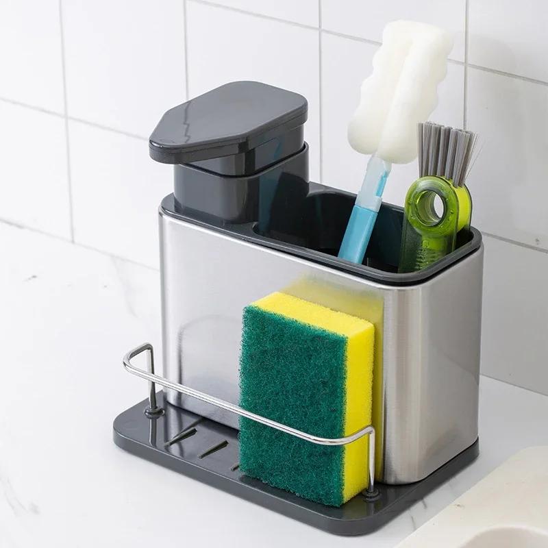 Kitchen Soap Dispenser Rustproof Drainer Rack Sponge Holder Stainless Steel Soap Dispenser 3-in-1 Sink Organizer Tray