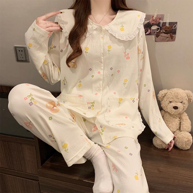Women's Cartoon Lace Peter Pan Collar Cotton Pajamas - Long Sleeve, Spring/Fall, Winter Style