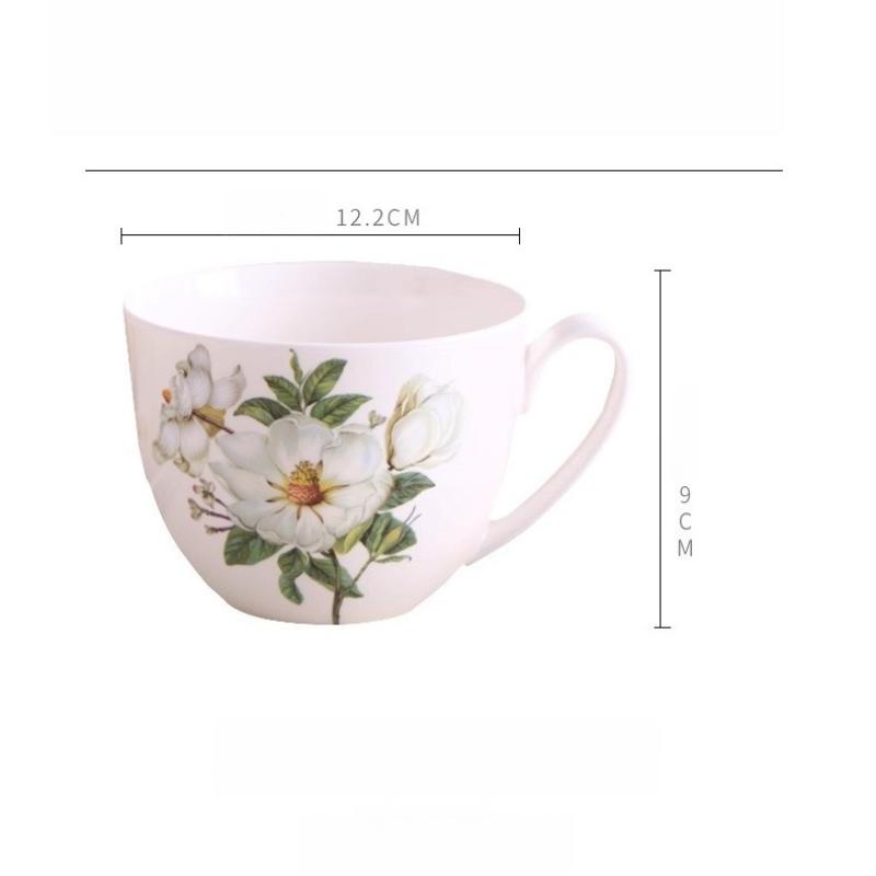 600ml Tasse aus Knochenporzellan mit großem Fassungsvermögen - Blumige Keramiktasse für Milch, Haferbrei, Frühstück, ofen-, mikrowellen- und spülmaschinengeeignet