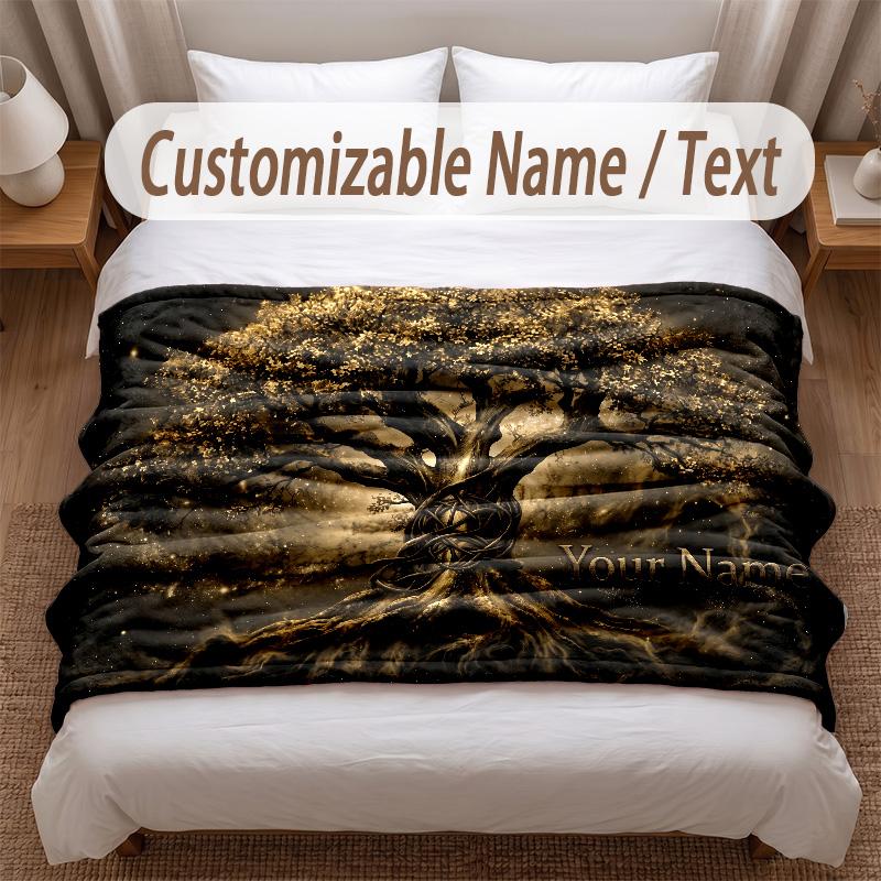 Tree of Life Theme Soft Blanket Personalized Custom Name Text Print Warm Blanket Home Sofa Bedroom Decor